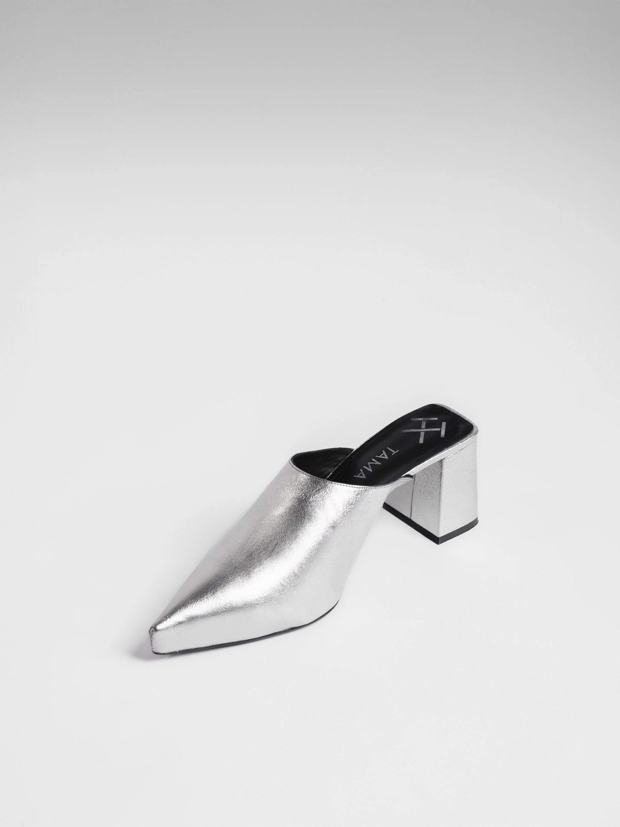 SILVER METALLIC POINTED BLOCK HEEL MULE - TAMA TOBY – TAMA TOBY